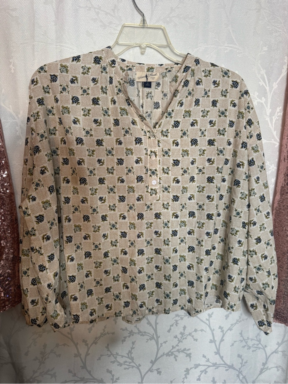 Universal Thread Cream Floral Henley Blouse with Navy and Olive Accents